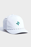 A white rope hat by Tnuck Sport x Imperial featuring a green embroidered Tuckernuck emblem on the front, patterned trim on the brim, and an adjustable velcro strap for comfort.