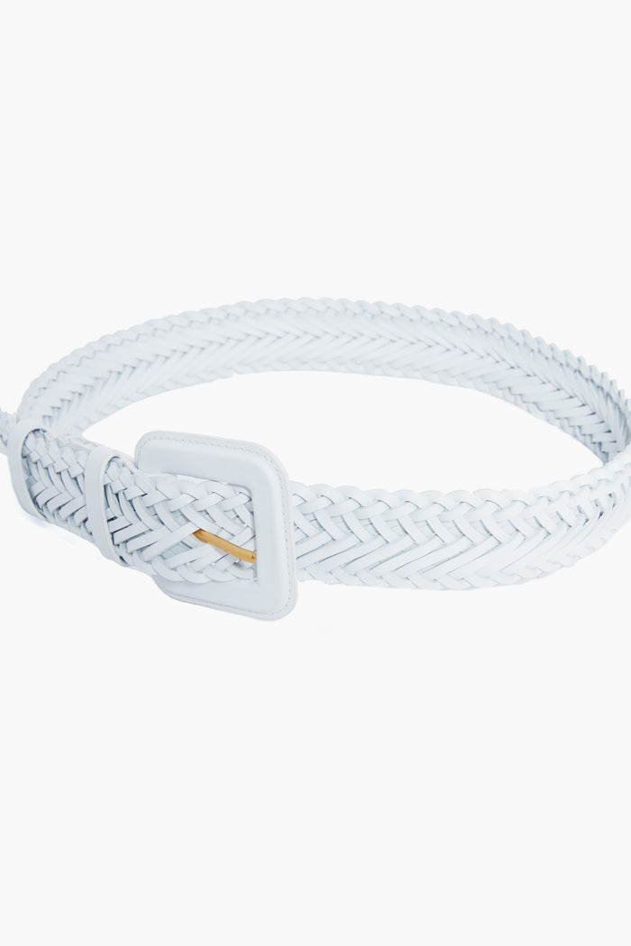 The Loeffler Randall white woven leather belt features a matching square buckle with a gold accent—perfect for adding elegance to any outfit.