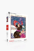 A 1000-piece puzzle from New York Puzzle Company featuring a vintage Vogue winter cover: a woman in a red hat and fur coat amidst a snowy scene.
