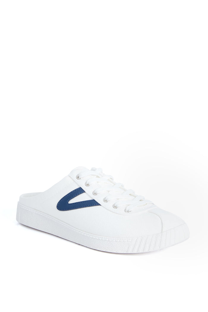 Tretorn white slip-on sneakers with laces, featuring a classic navy blue V logo on the side.