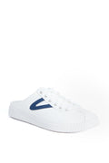 Tretorn white slip-on sneakers with laces, featuring a classic navy blue V logo on the side.